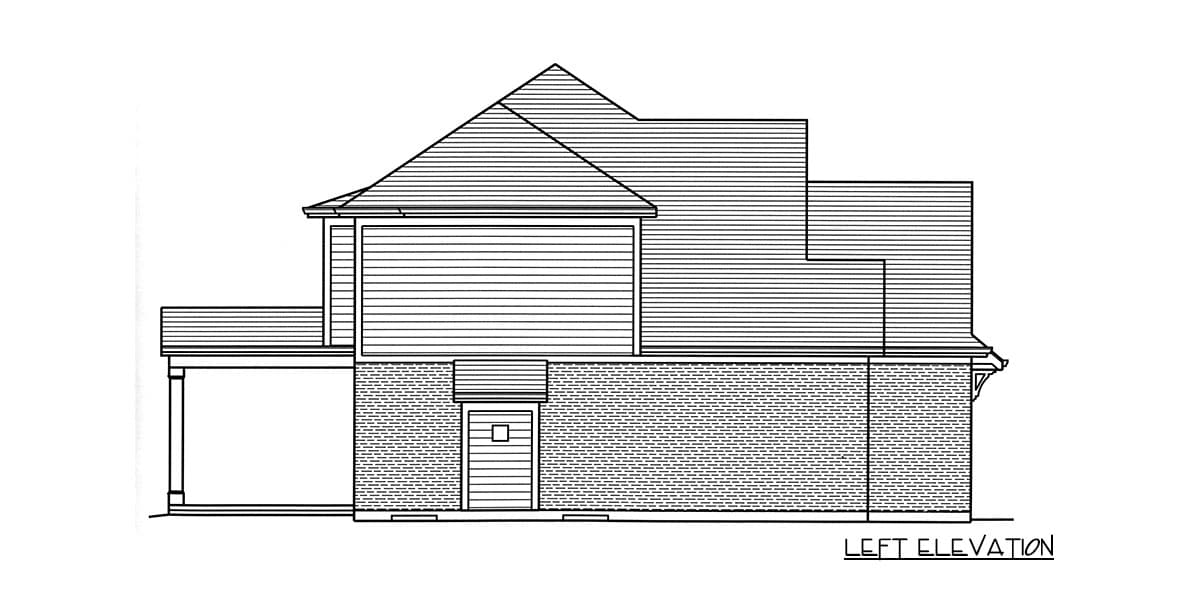 Left elevation of a two-story house plan featuring horizontal siding, brick base, covered porch, and a prominent gable.