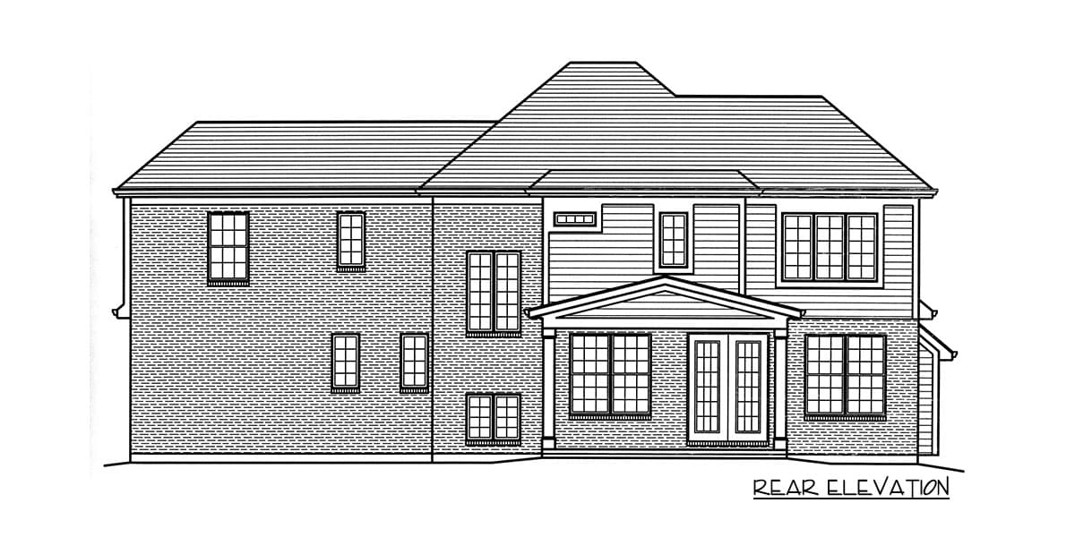 Rear elevation drawing of a two-story house with brick and siding, a prominent roofline, and a central covered entry.