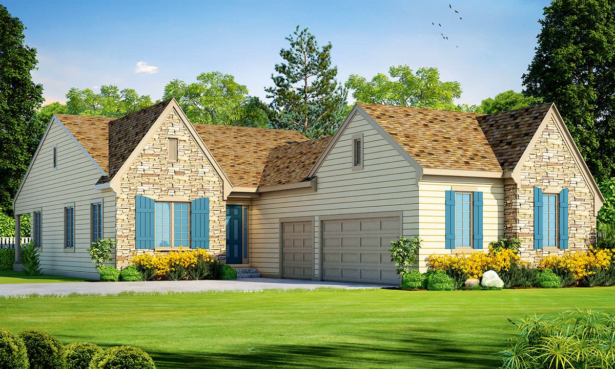 House plan exterior with stone accents, blue shutters, and multiple gabled rooflines. Includes a two-car garage and a small covered porch.