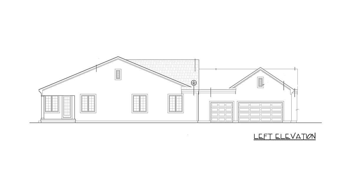 Left elevation of a single-story house plan with a gable roof, two-car garage, and grid-paned windows.