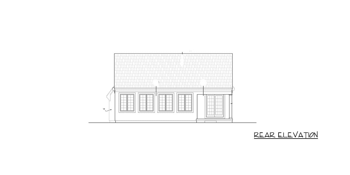 Rear elevation of a house plan with a gambrel roof, multiple windows, and a glass-paneled door with a small porch.