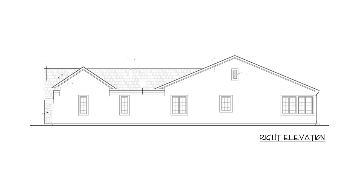 Right elevation drawing of a single-story house with a gabled roof, hip roof section, and multiple windows.