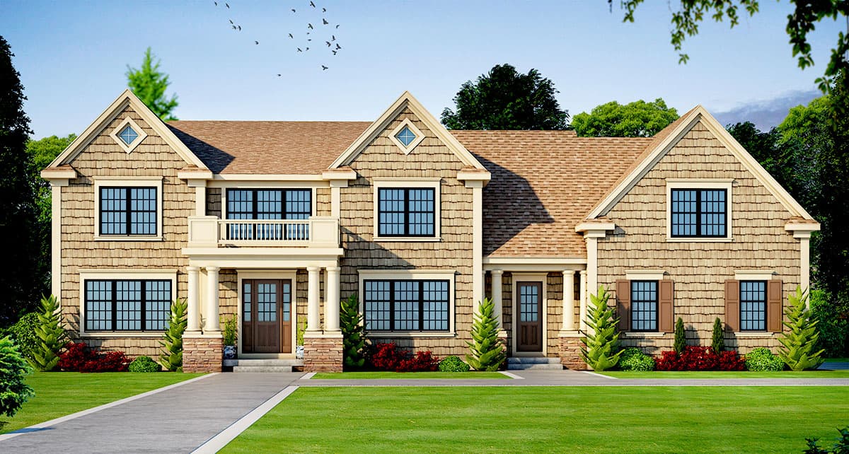 House plan exterior. Two-story Colonial-style home with multiple gables, diamond-shaped attic windows, and a front porch with columns.