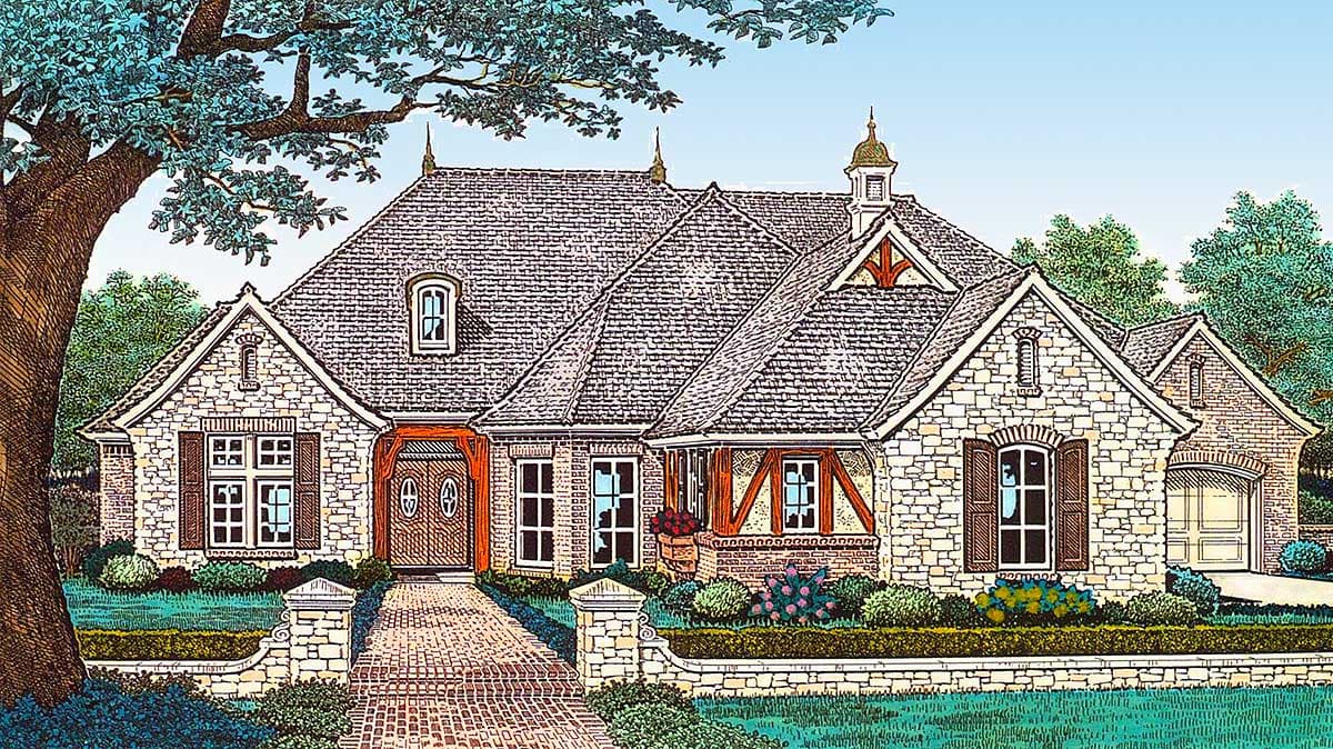House plan exterior. Stone and wood Tudor-style home. Features include multiple gables, dormers, and a slate roof. Includes an attached garage.
