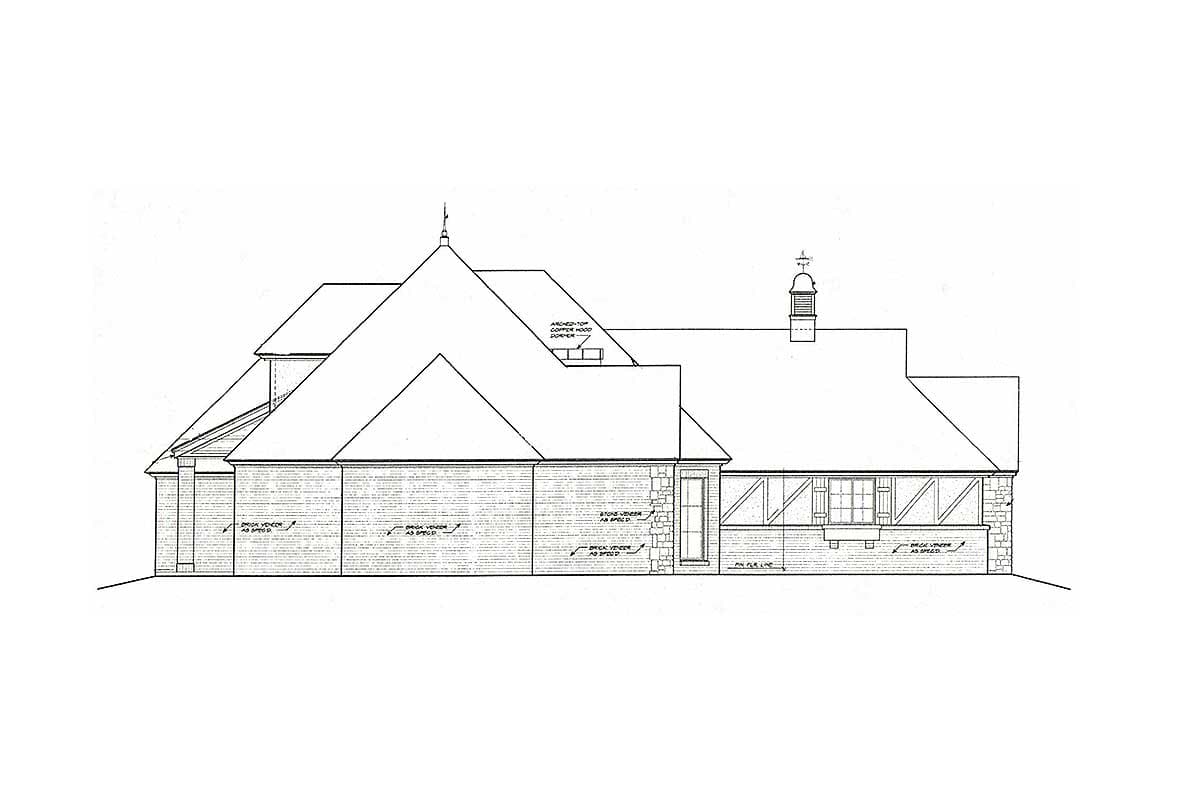 Architectural house plan exterior: brick veneer with stone accents, prominent gables, and dormers.