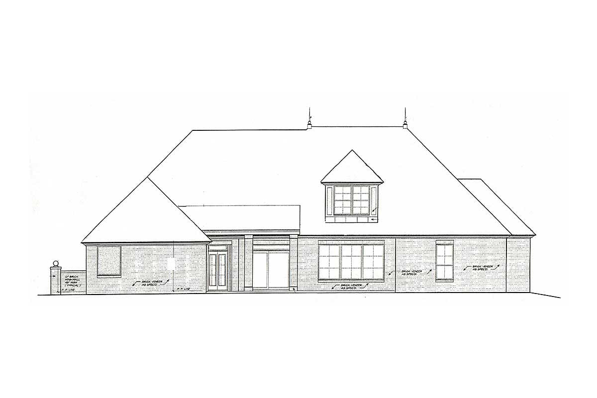 House plan exterior drawing of a one-story home with a hip roof, dormer, and brick veneer.