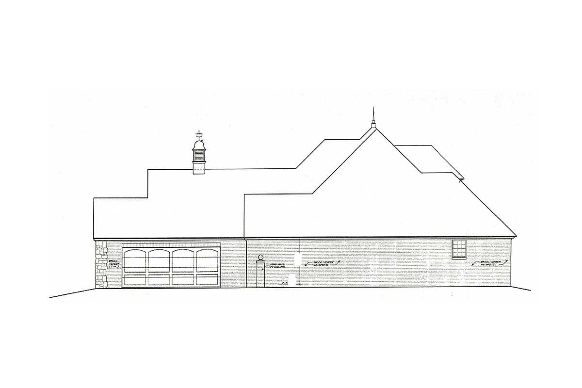 House plan elevation drawing of a brick veneer building with a multi-pane garage door and cupola.