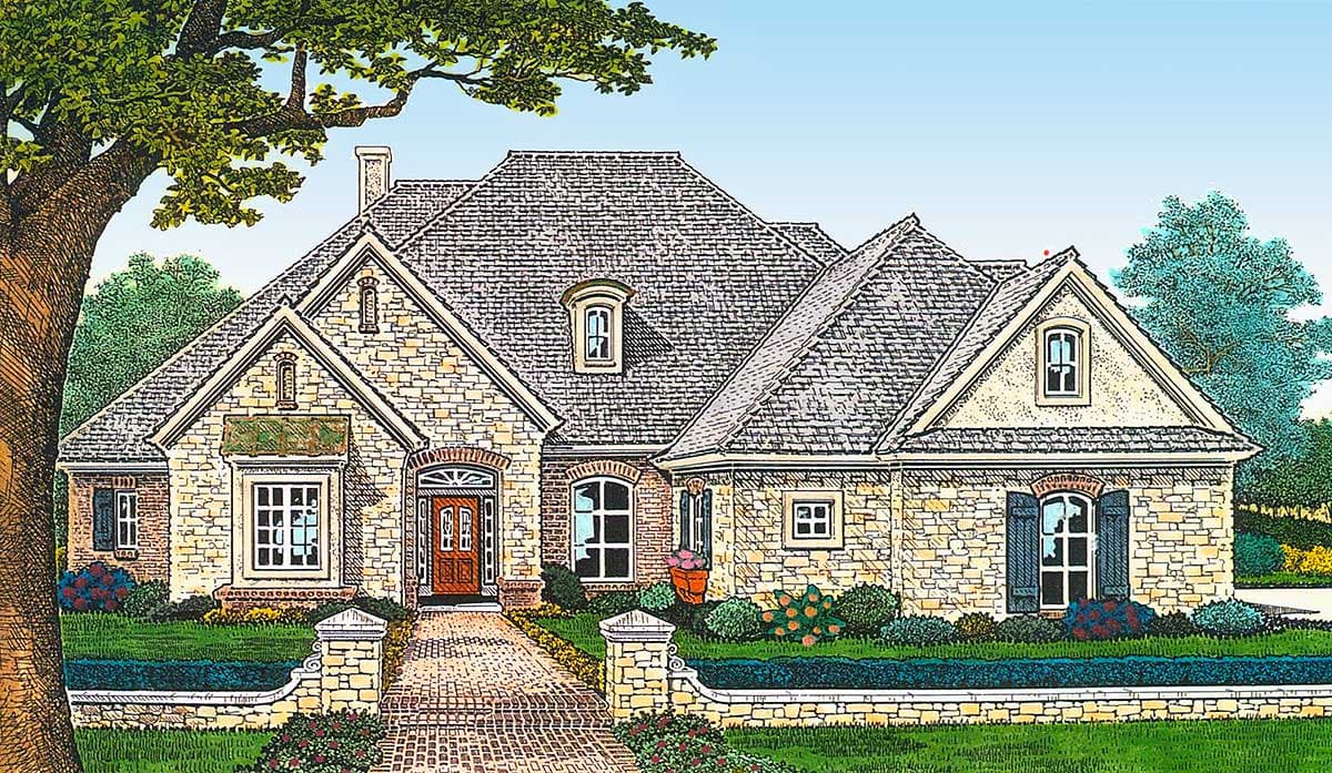 House plan exterior. Two-story home with stone facade, multiple gables, and dormers. Features include brick walkway and arched entry door.