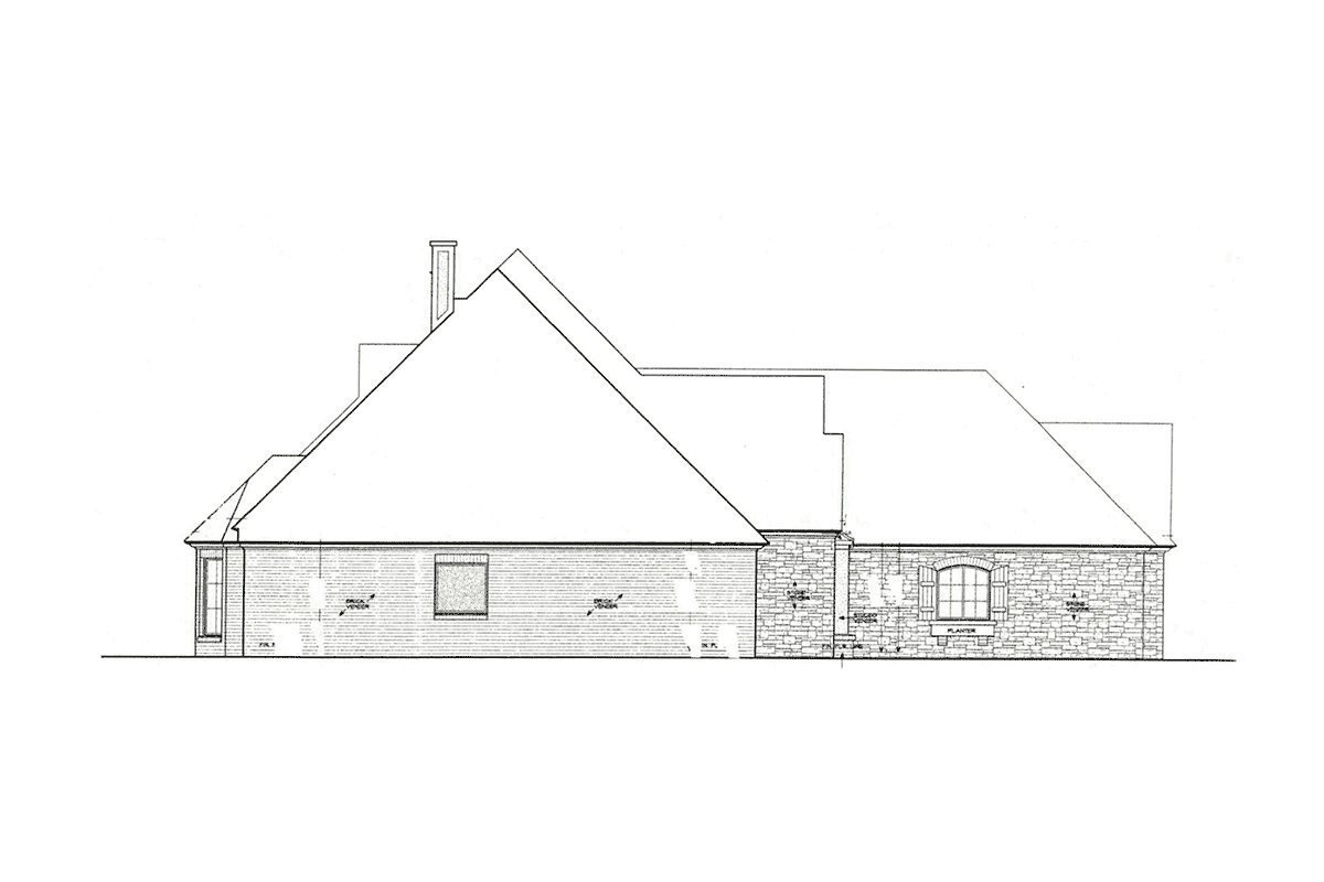 House plan elevation drawing of a side view. Features include brick and stone veneer, a chimney, and varied rooflines.