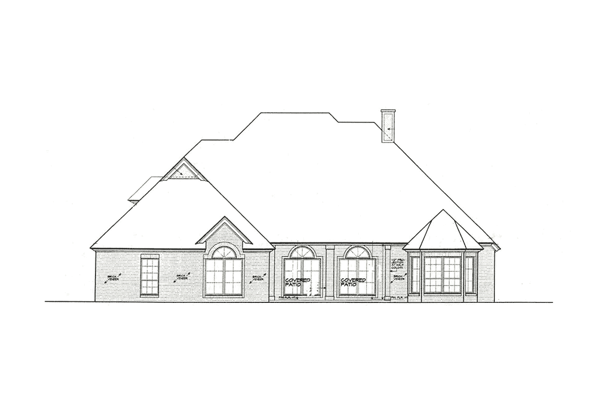 House plan exterior: large hip roof with gables, dormer, chimney, and covered patio access.