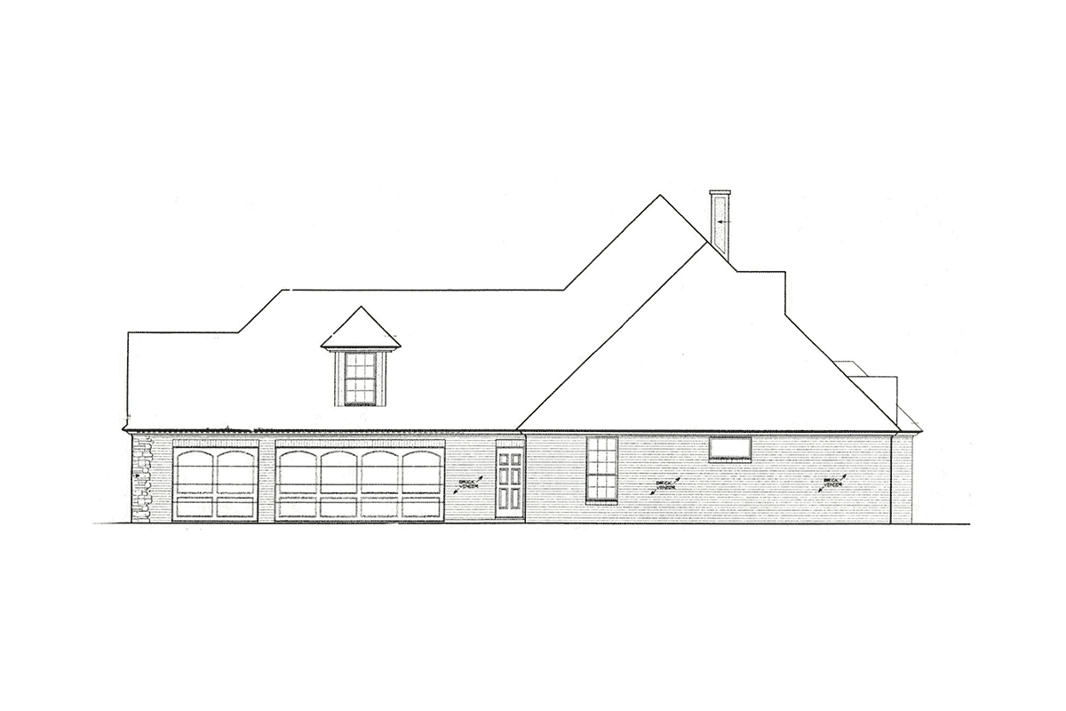 House plan exterior side elevation showing a mansard roof, dormer window, multiple garage doors, and brick veneer.