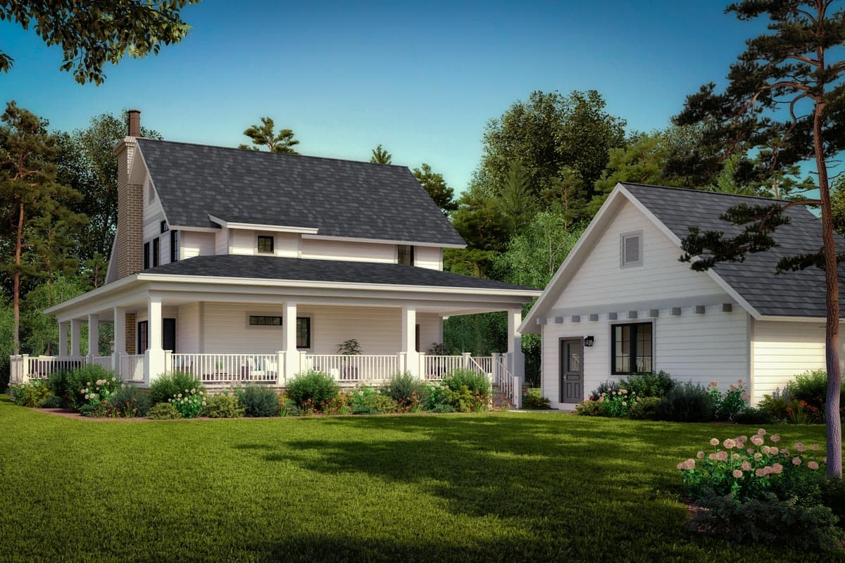 House plan exterior of a two-story Modern Farmhouse with a wrap-around porch, gables, and detached garage.