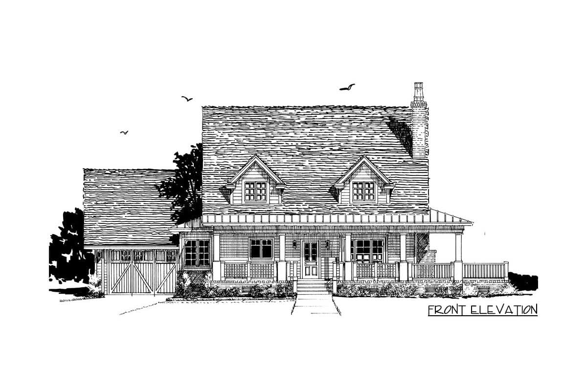 Front elevation drawing of a two-story house plan featuring a wrap-around porch, dormers, and an attached garage.