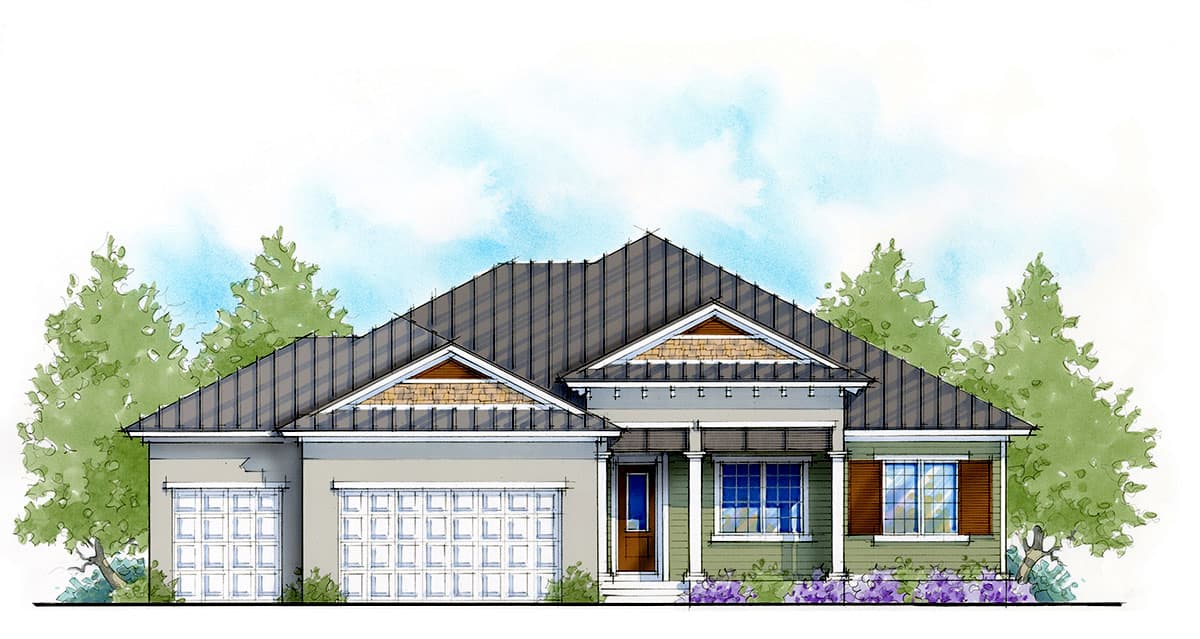 House plan exterior of a single-story home with a multi-gabled roof, covered front porch, and a side-entry two-car garage.