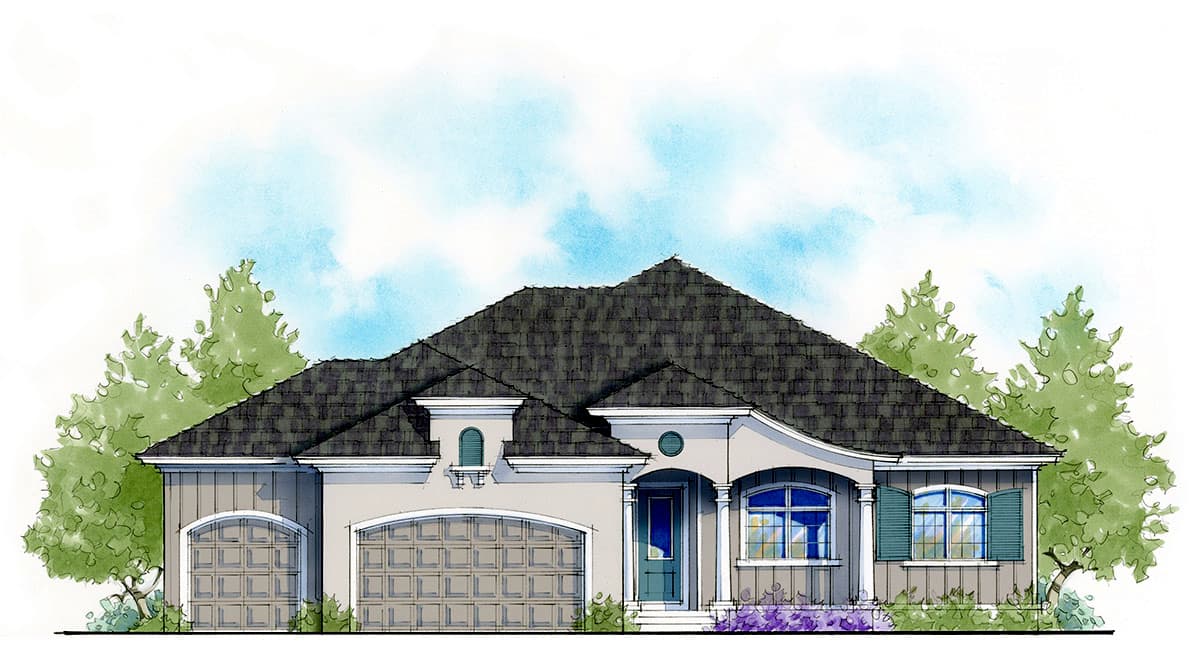 House plan exterior with arched garage door, gabled roof, and arched window. One-story home with light-colored siding and shutters.
