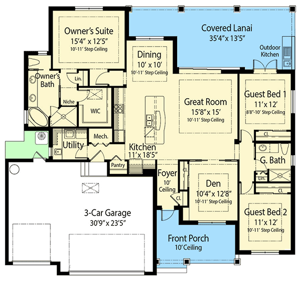 Plan 33185ZRX: Graceful Entry Porch with Optional Exteriors - Floor Plan - Main Level - European, French Country, Southern