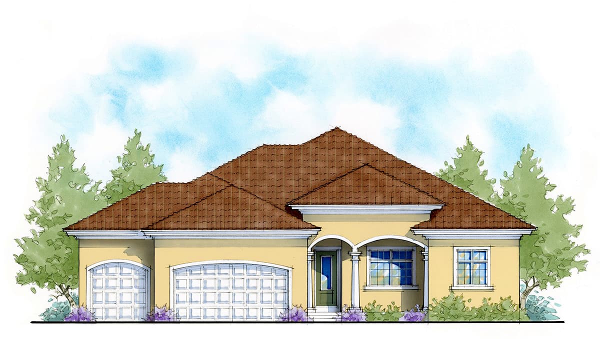 House plan exterior featuring a one-story, stucco facade with a tile roof, arched entryway, and two-car garage. Windows on right side.
