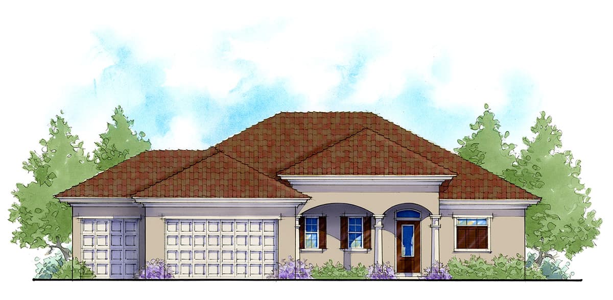 House plan exterior. One-story Mediterranean style with a tile roof, arched entry, and two-car garage. Windows have shutters.