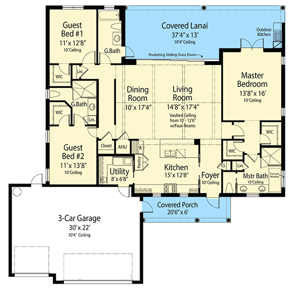 Plan 33189ZRX: Villa Style 3-bed  House Plan with Covered Front Porch - Floor Plan - Main Level - European, Florida-Style, Mediterranean