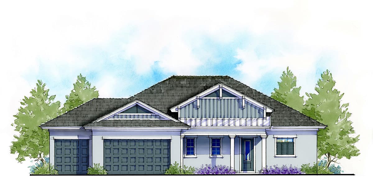 House plan exterior. Single-story home with Craftsman style elements. Features include gable roof, dormers, and a covered front porch with columns.