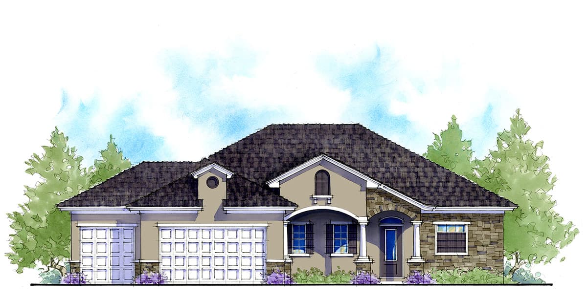 House plan exterior featuring a single-story design, a hip roof, a front-entry garage, and a combination of stucco and stone exterior finishes.