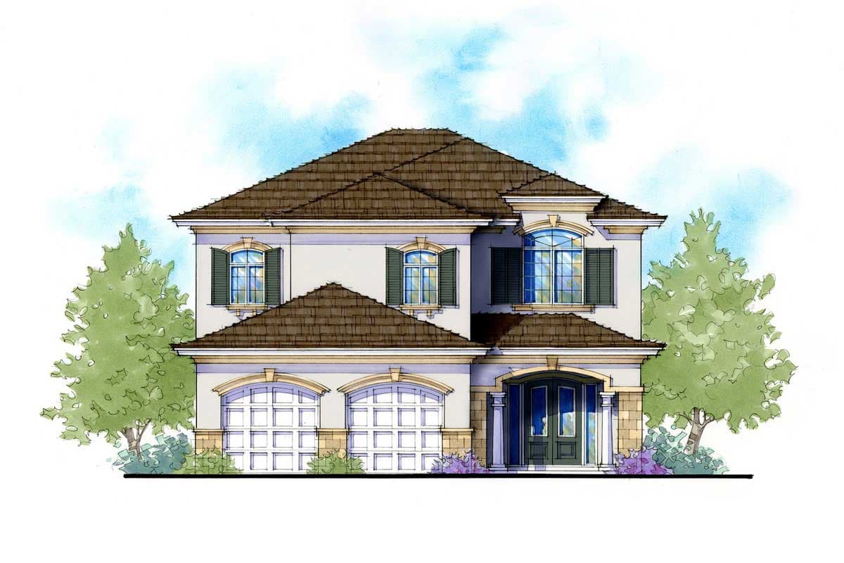 House plan exterior. Two-story Mediterranean style with a tile roof, arched garage, and a portico with columns. Windows have shutters.