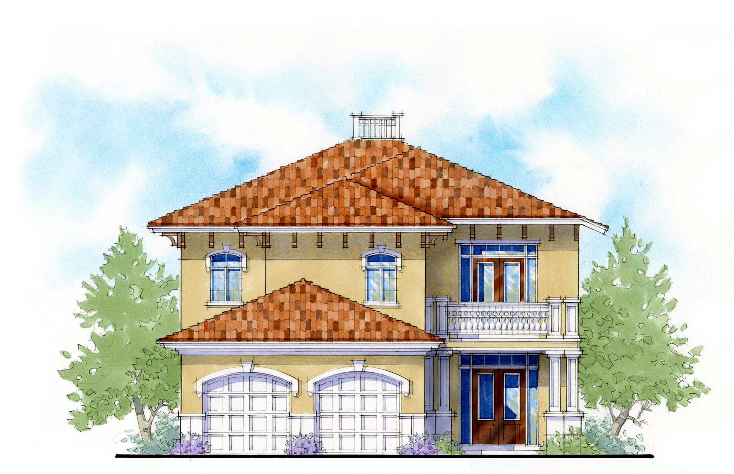 House plan exterior rendering, two-story Mediterranean style. Features include tile roof, balcony, arched garage, and multiple gables.