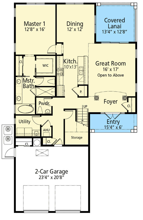 Plan 33192ZRX: Contemporary 4-Bed Mediterranean-Style House Plan Under 2700 Square Feet - Floor Plan - Main Level - European, Florida-Style, Mediterranean
