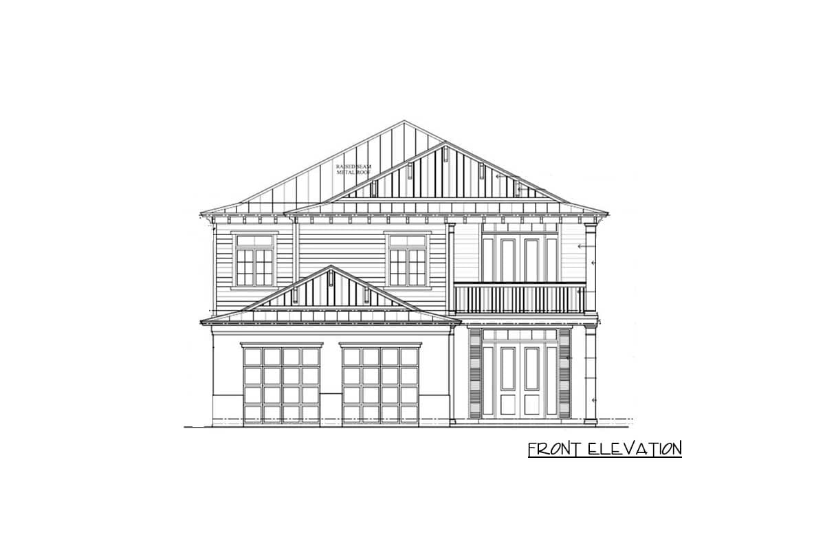Front elevation drawing of a two-story house plan with a raised seam metal roof, double garage doors, and a second-story balcony.