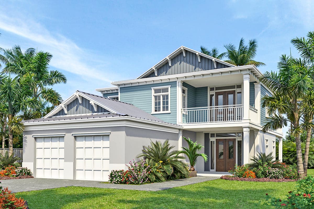 House plan exterior featuring a two-story design with a balcony, gables, and a two-car garage. Coastal style home with a metal roof.