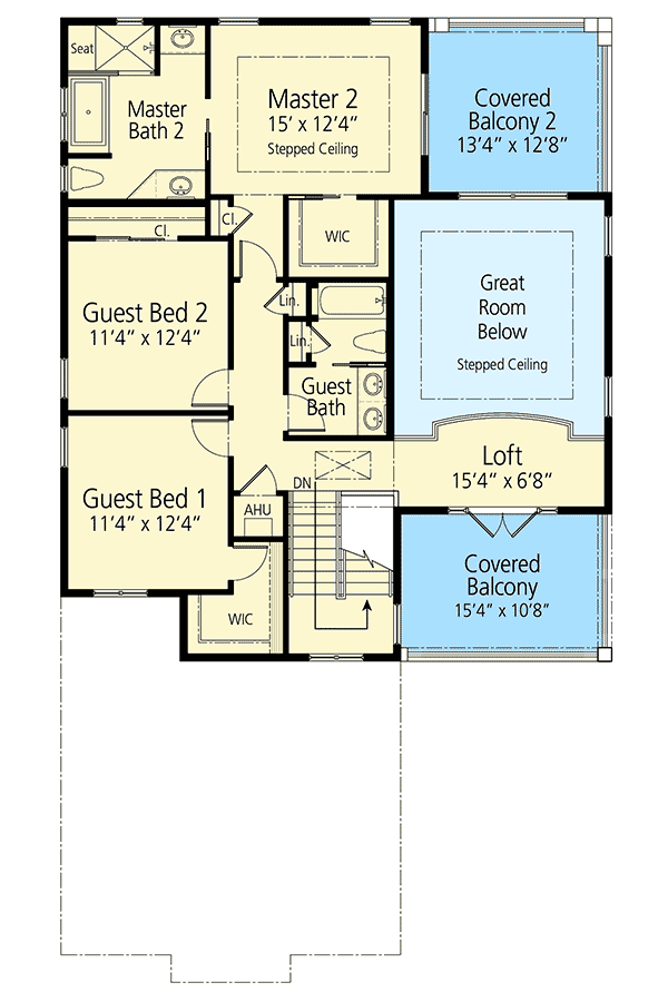 Plan 33193ZR: 4 Bedroom Coastal Contemporary House Plan with Two Master Suites - Floor Plan - 2nd Floor - Coastal, Coastal Contemporary, Contemporary, Shingle, Southern