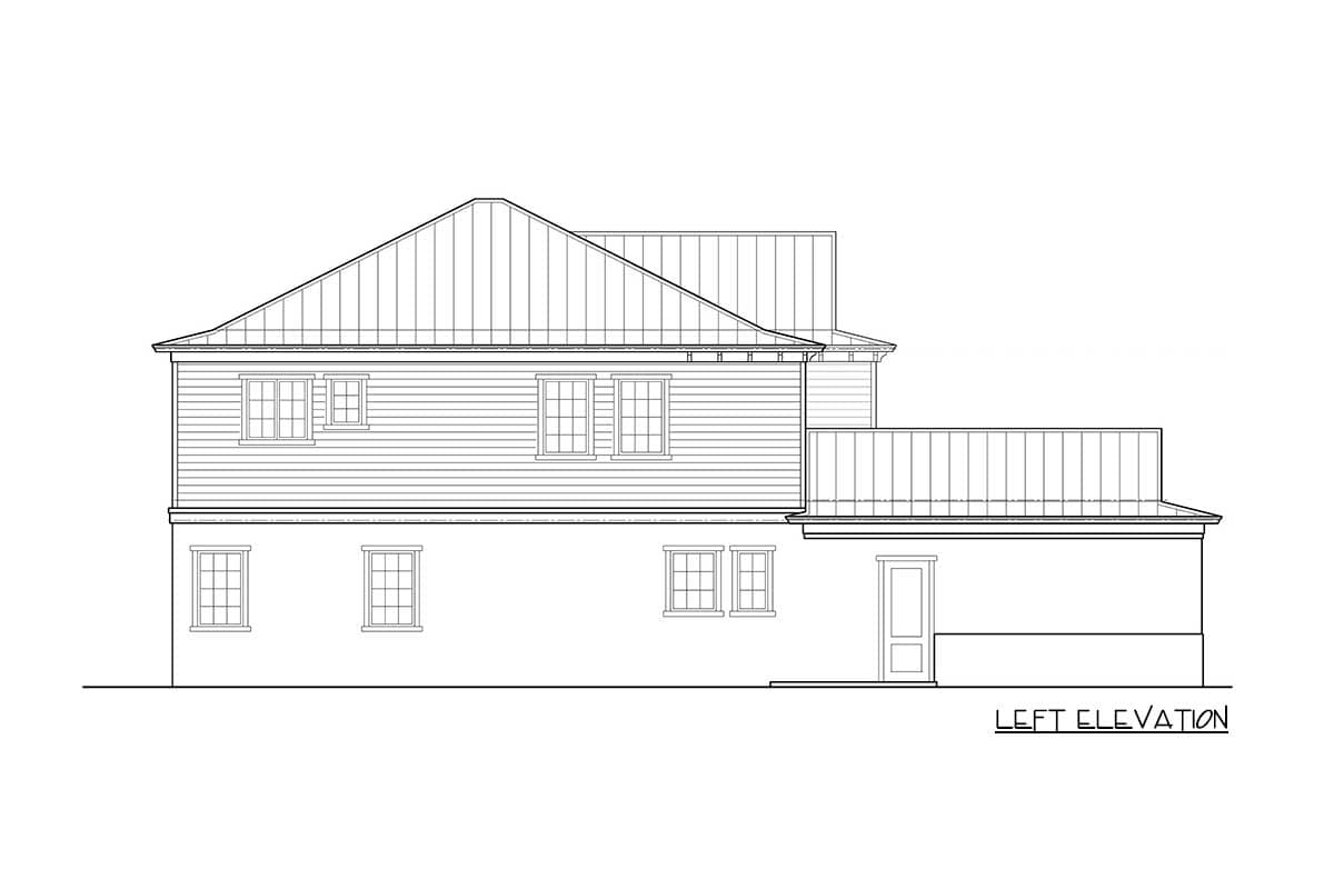 Left elevation of a house plan, showing a metal gable roof, horizontal siding, and multiple grid windows.