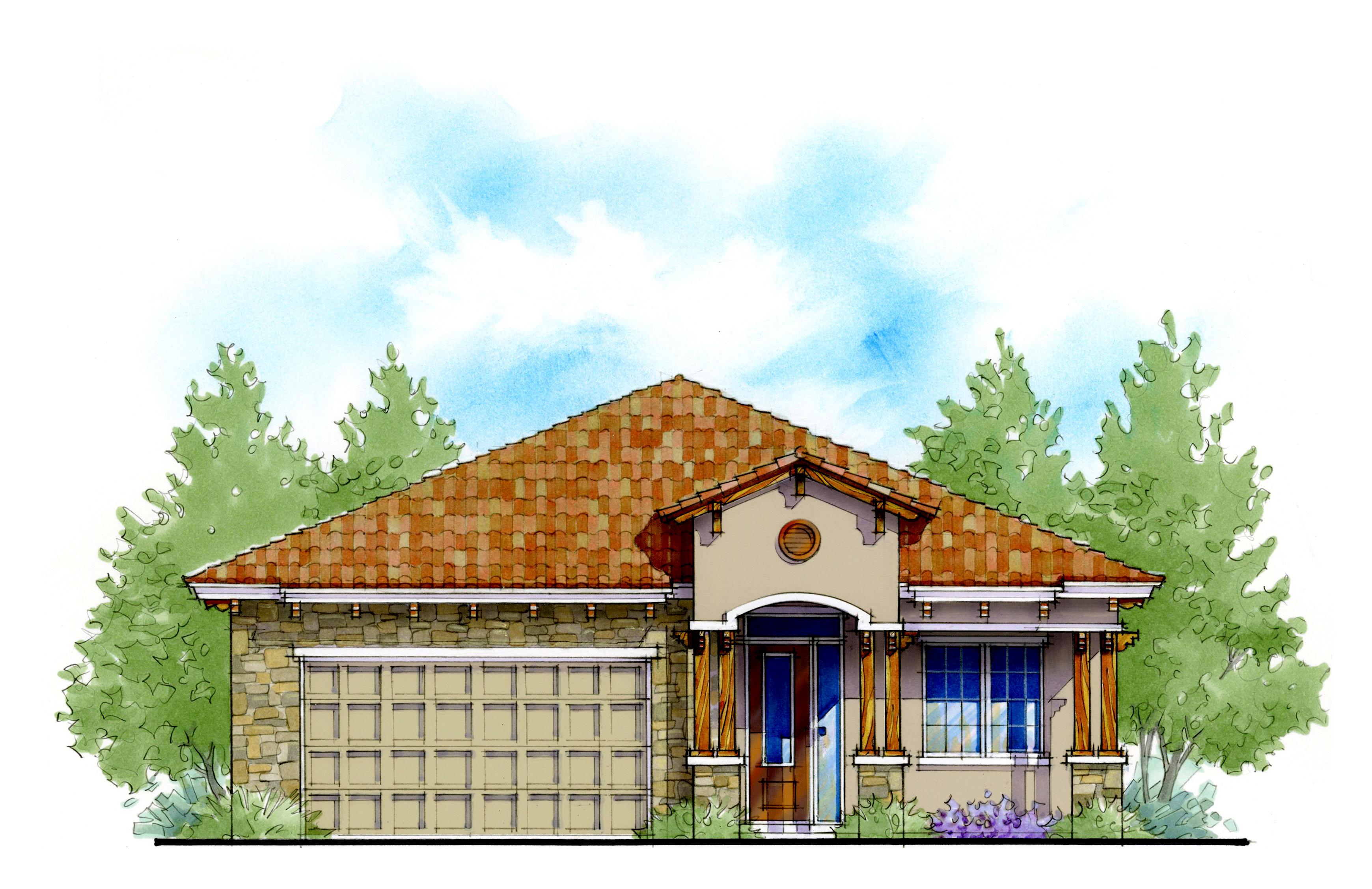 House plan exterior. One-story design with a tile roof, covered entry, and attached garage. Includes decorative columns and a round window.