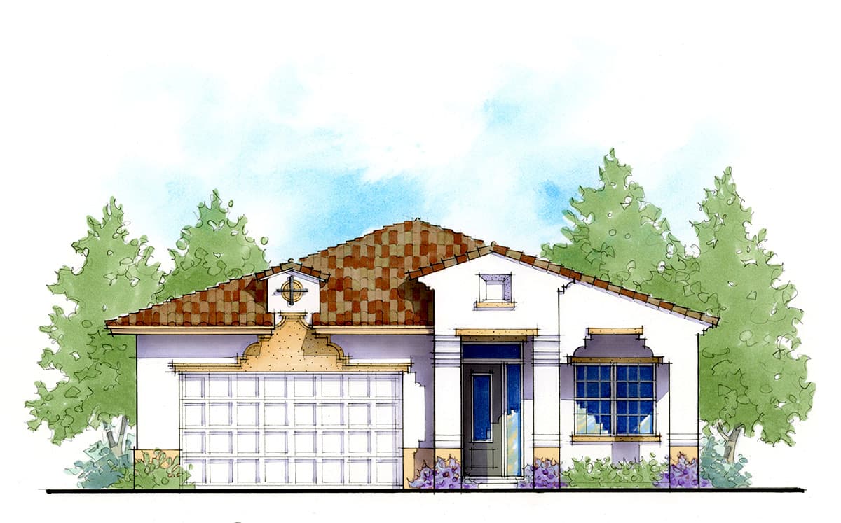 House plan exterior with tiled roof, single story, garage, and architectural details above garage and door.