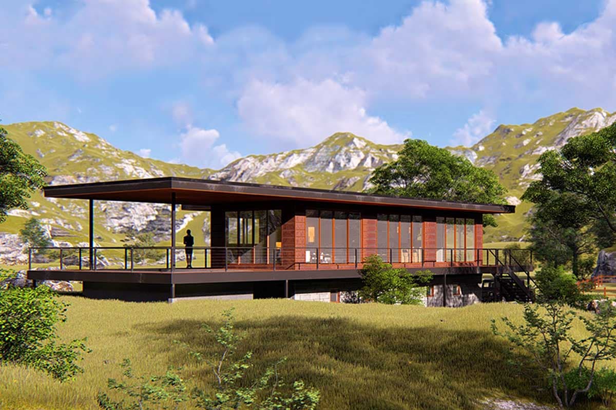 House plan exterior. Modern style, one-story home with a flat roof, elevated deck, and extensive glazing. The home has a covered porch.