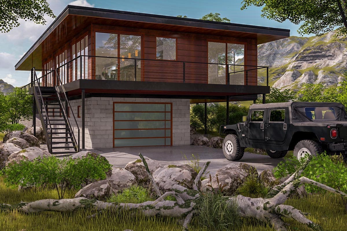 Modern house plan exterior with wood siding, large windows, balcony, and a two-car garage on a concrete foundation.