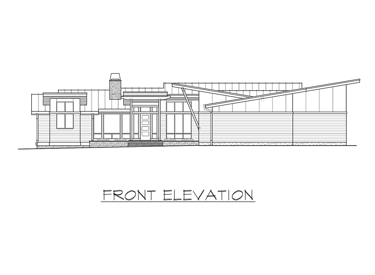 Front elevation drawing of a modern house with multiple rooflines, stone chimney, and horizontal siding.