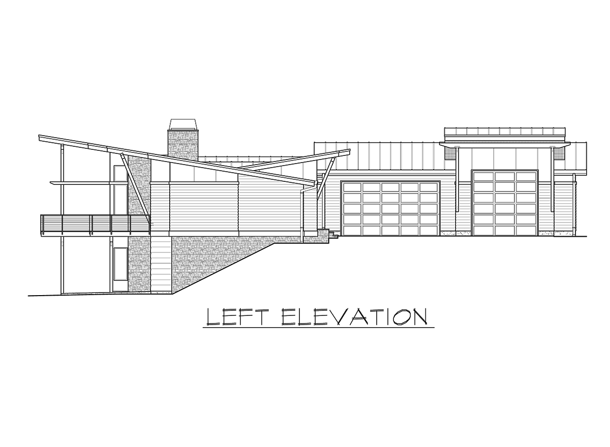 Left elevation of a modern house plan featuring a multi-story design with a cantilevered balcony, stone chimney, and two garage bays.