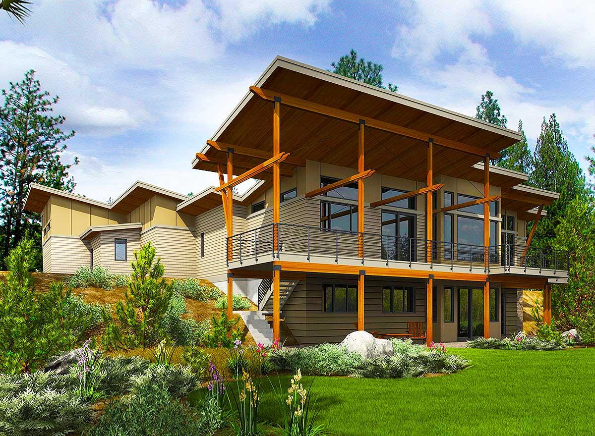 House plan exterior with modern architectural style, multiple gables, balconies, and exposed wood beams.