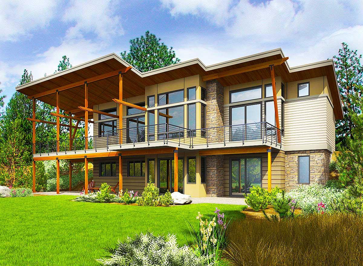 Modern house plan exterior with multiple levels, expansive windows, stone accents, and a large covered deck with exposed wood beams.
