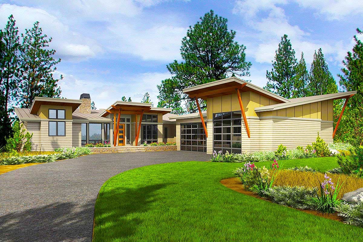 House plan exterior. Modern style, one-story. Features include flat rooflines, a porte-cochere entry, and a multi-car garage.