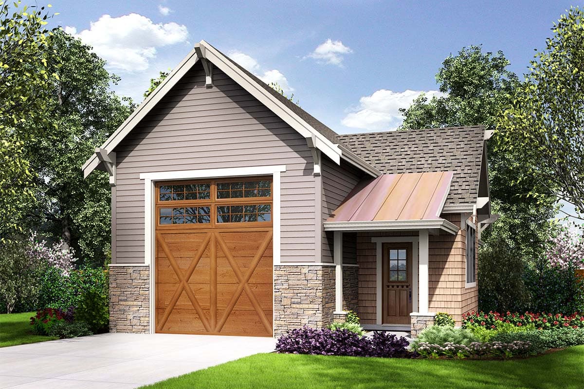 House plan exterior. Craftsman style with a gable roof, stone facade, and a covered porch. Features a detached garage with an X-braced door.