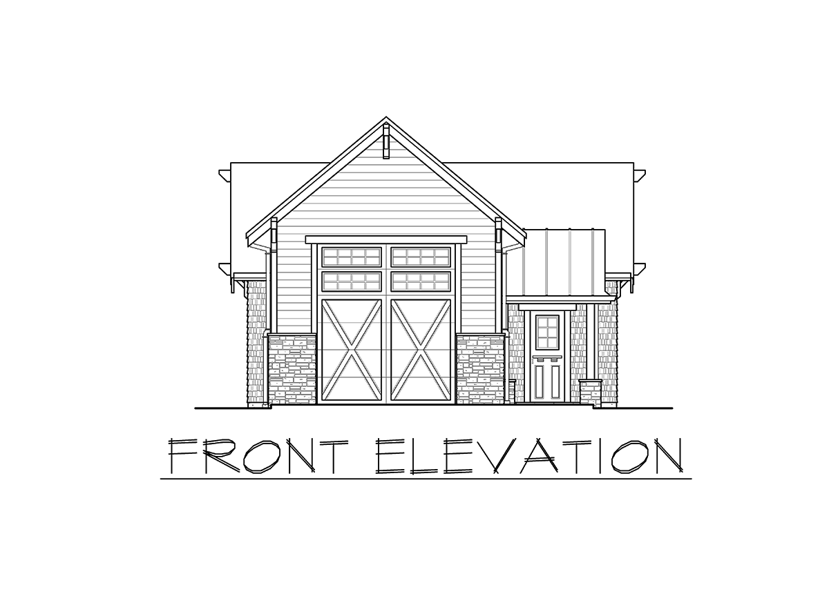 Front elevation drawing of a house plan featuring a large garage door, a front entry, and stone base.