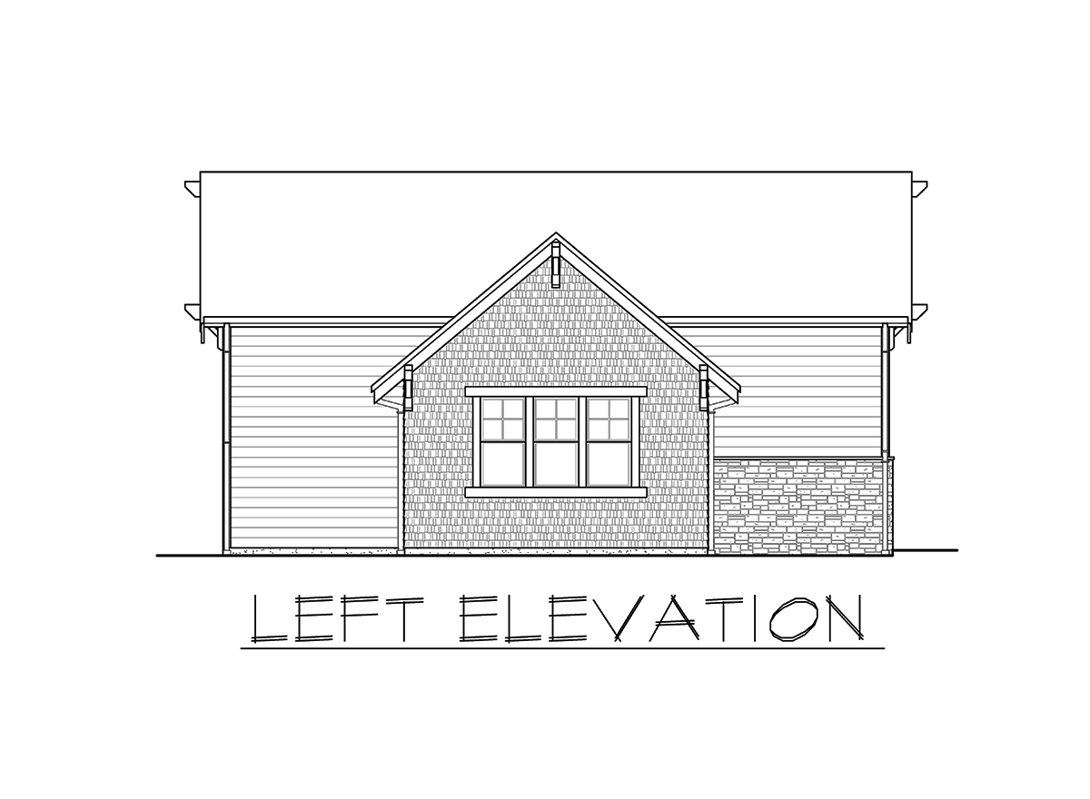 Left elevation house plan drawing showing shingle siding, stone wainscoting, and a multi-pane window under a gable.