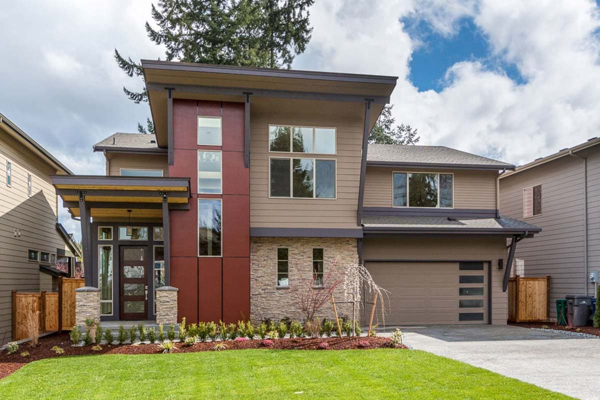 House plan exterior featuring a two-story Modern style with a covered entry, flat rooflines, and a front-facing garage.