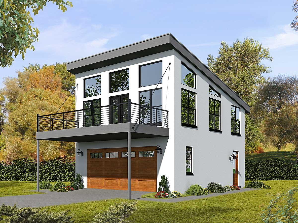 House plan exterior with modern design. Two-story structure with a flat roof, balcony, and covered garage. Large windows and glass door present.