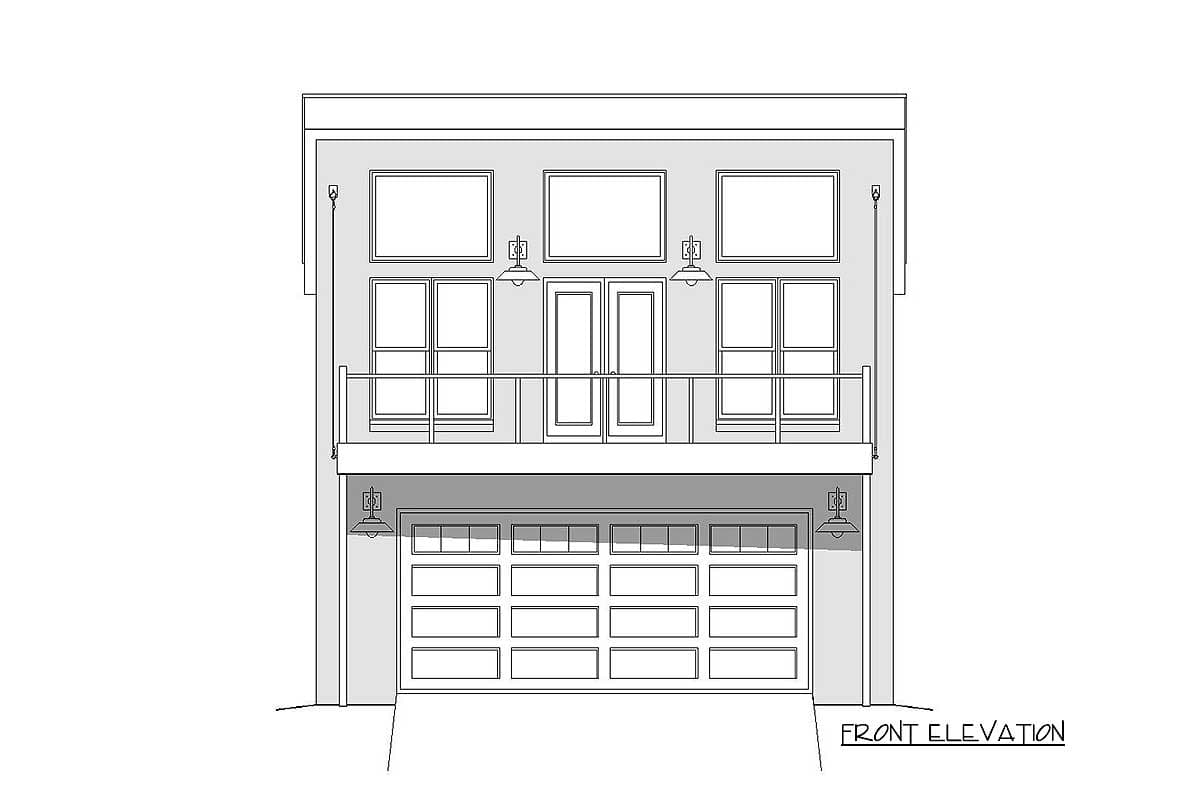 Front elevation of a house plan showing a two-car garage below a second-level balcony with double doors and windows.