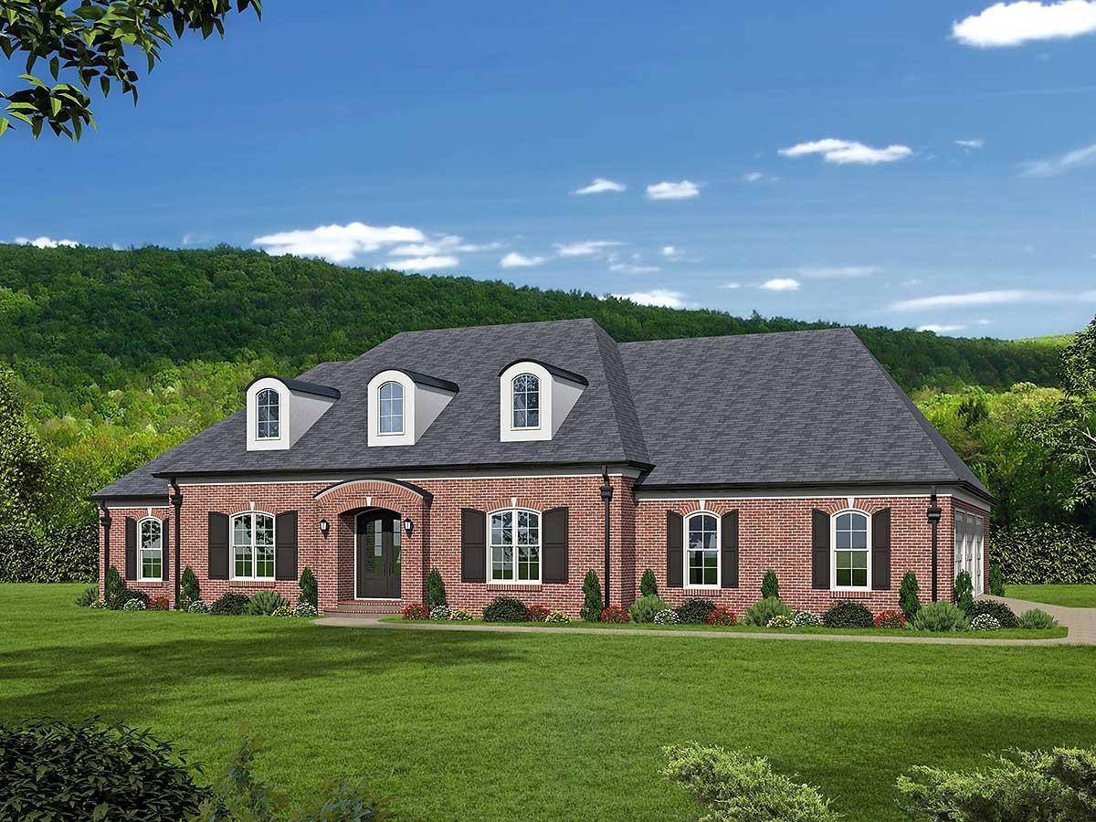 House plan exterior with brick facade, arched entryway, three dormers, and attached garage.
