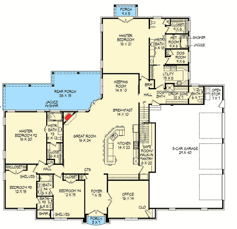 Plan 68463VR: Brick Beauty with 2 Master Suites - 5444 Sq Ft - Floor Plan - Main Level - Southern, Traditional