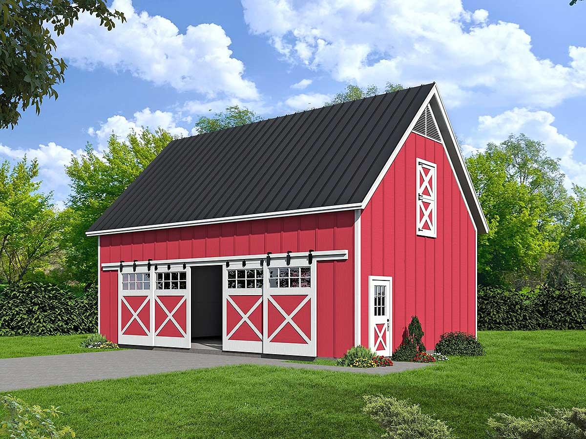 House plan exterior featuring a barn style design with a metal roof, sliding doors, and a decorative gable end.